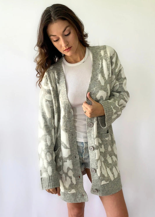 The Tiny Details Leopard Print Grey Soft Knit Cardigan