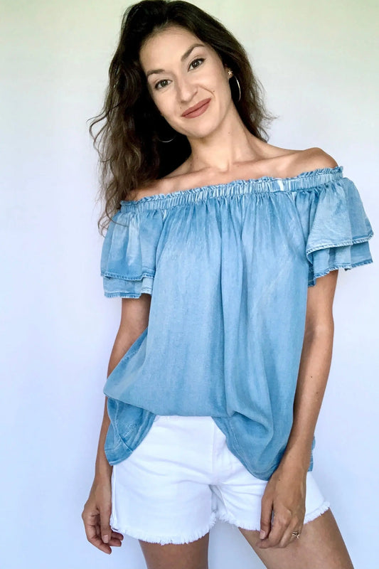 The Tiny Details Light Blue OTS Flutter Sleeve Top