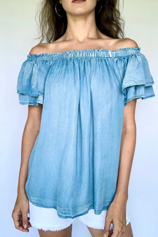 The Tiny Details Light Blue OTS Flutter Sleeve Top