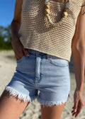 The Tiny Details Light Wash High Rise Raw Denim Shorts