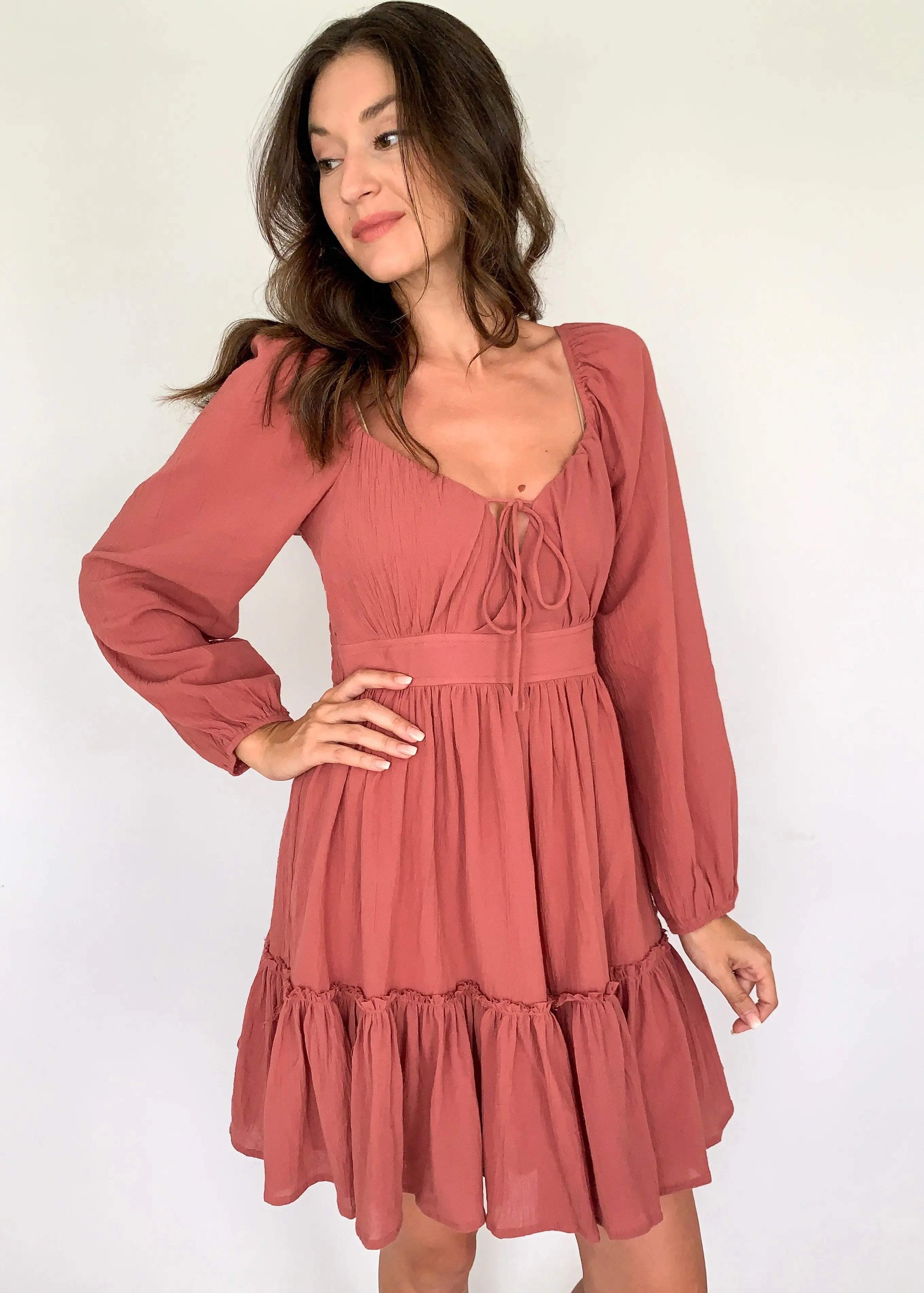 The Tiny Details Mauve Tiered Mini Dress