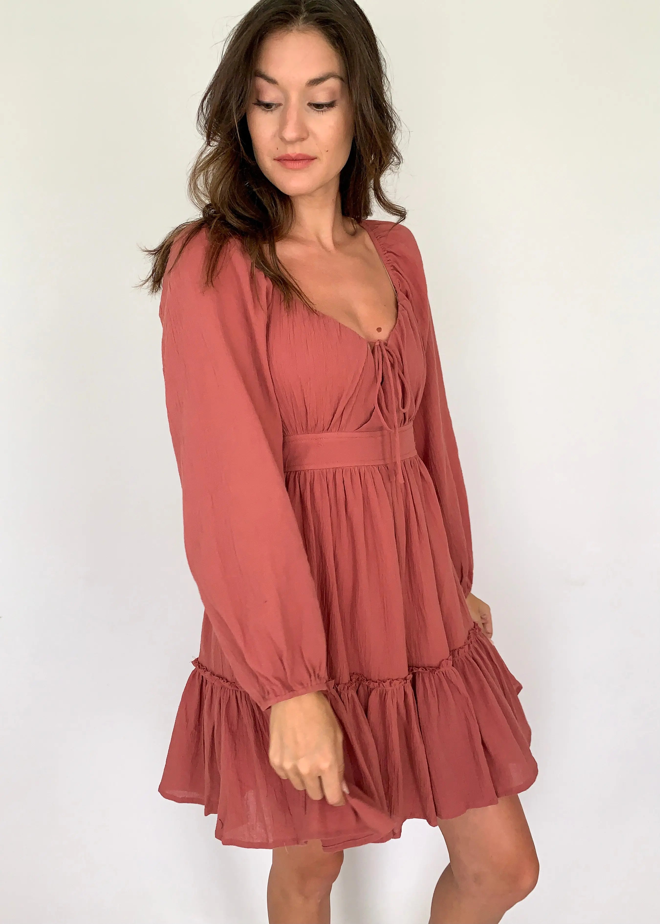 The Tiny Details Mauve Tiered Mini Dress
