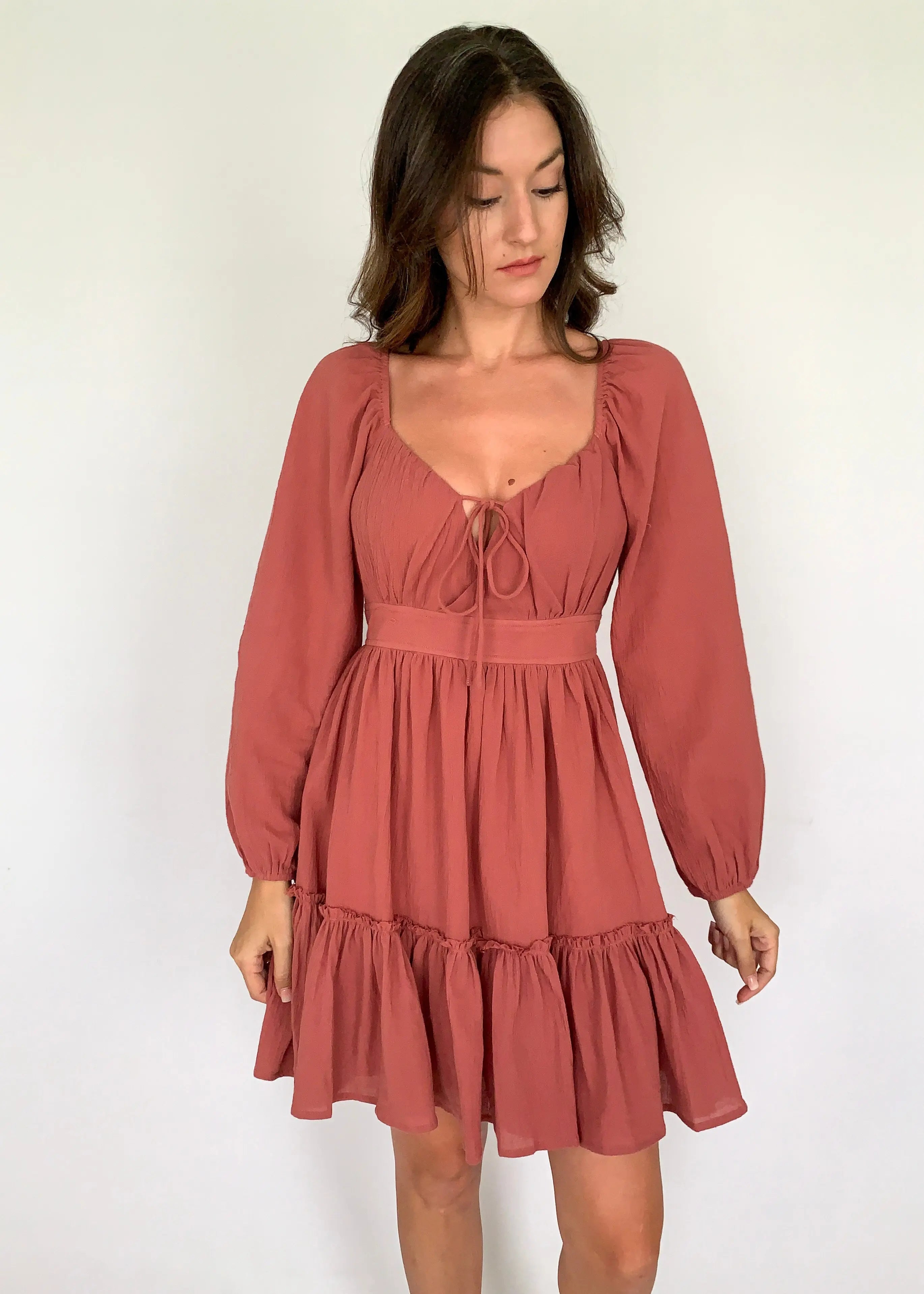 The Tiny Details Mauve Tiered Mini Dress