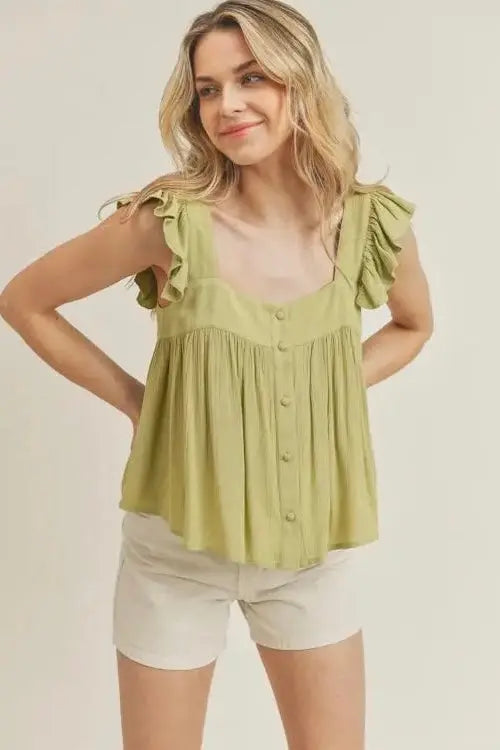The Tiny Details Mellow Green Ruffle Strap Top