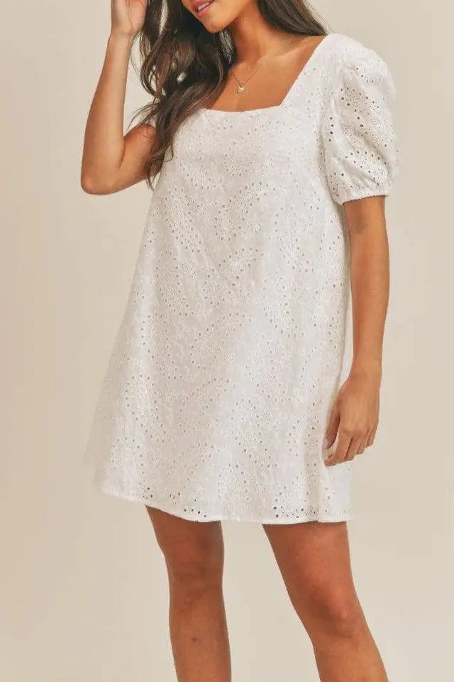 white eyelet short dress Reese Eyelet Mini Dress