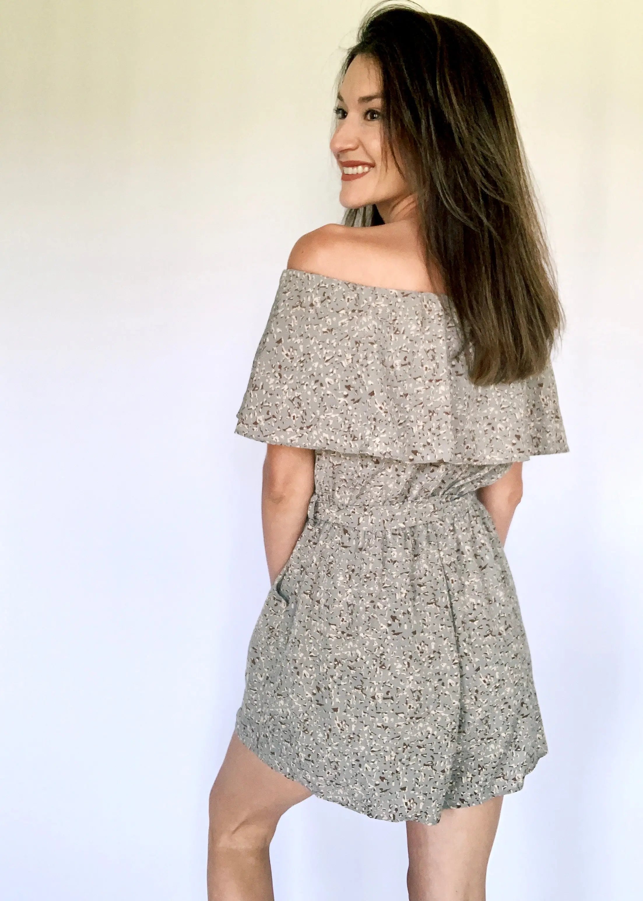 The Tiny Details Misty Sage OTS Ruffle Printed Romper