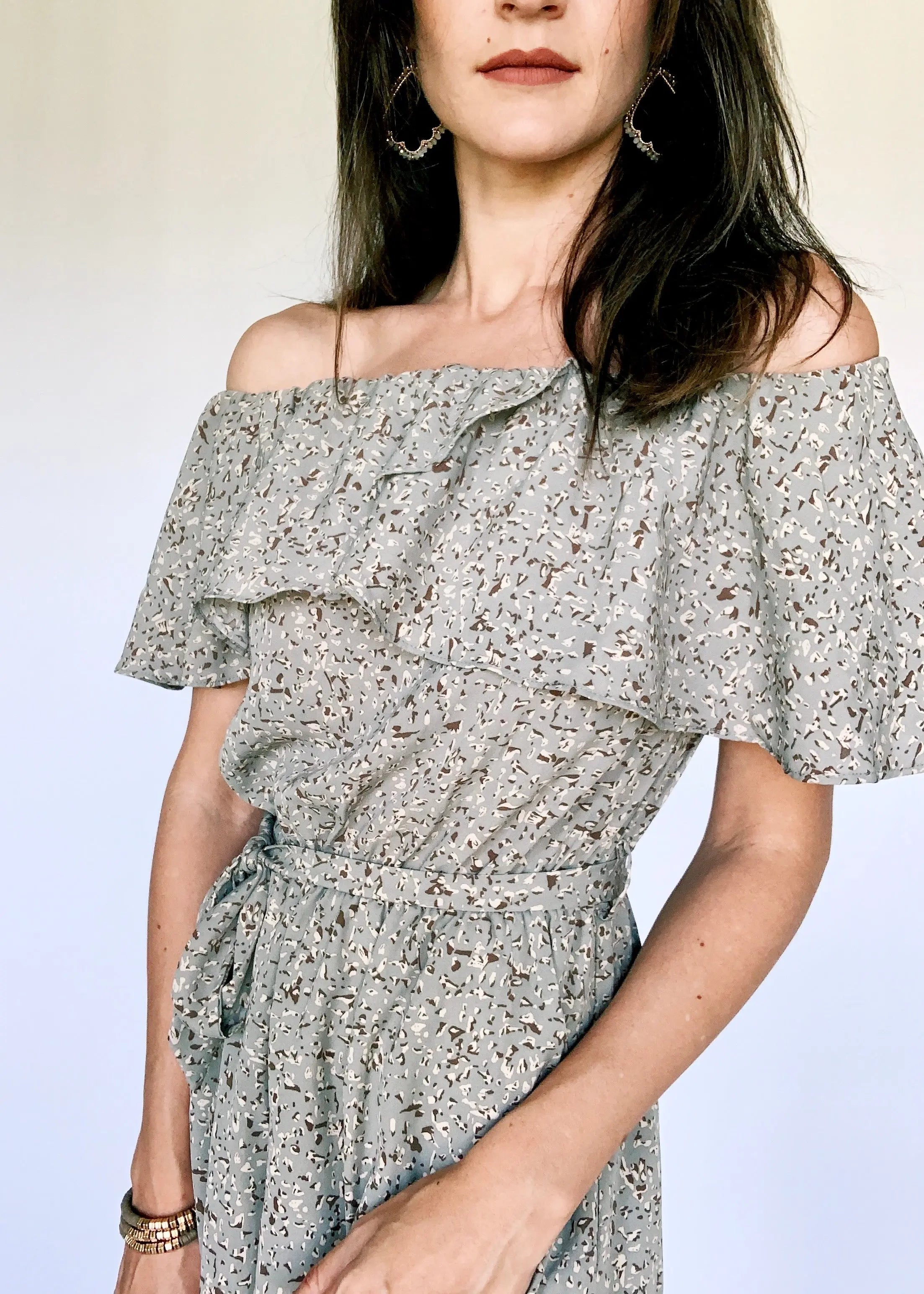 The Tiny Details Misty Sage OTS Ruffle Printed Romper