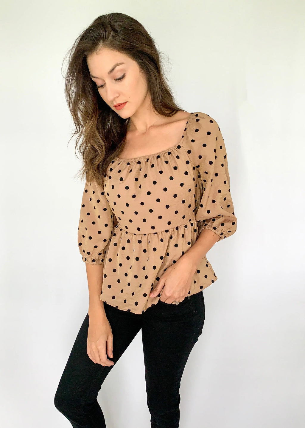 The Tiny Details Mocha Polka Dot Square Neckline Top