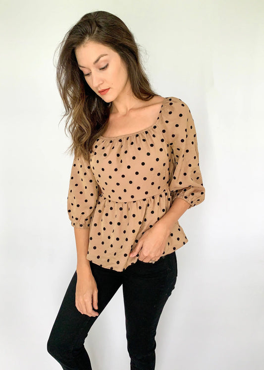 The Tiny Details Mocha Polka Dot Square Neckline Top