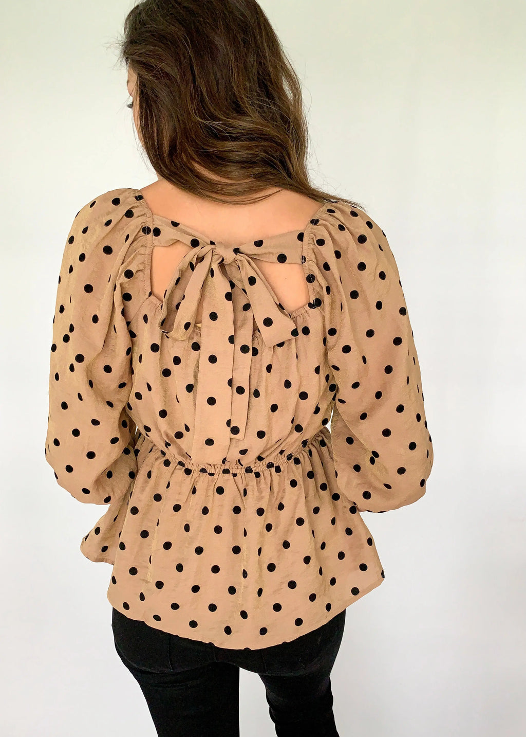 The Tiny Details Mocha Polka Dot Square Neckline Top