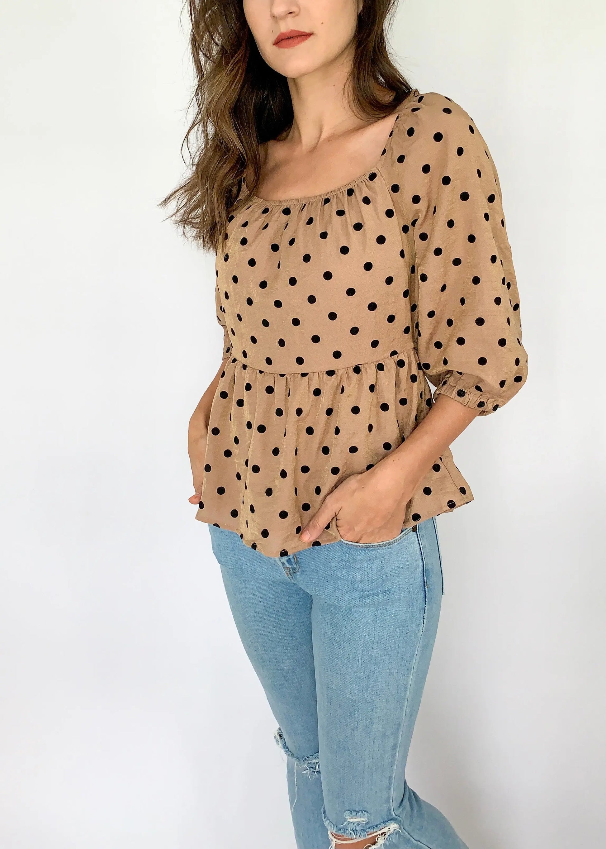 The Tiny Details Mocha Polka Dot Square Neckline Top