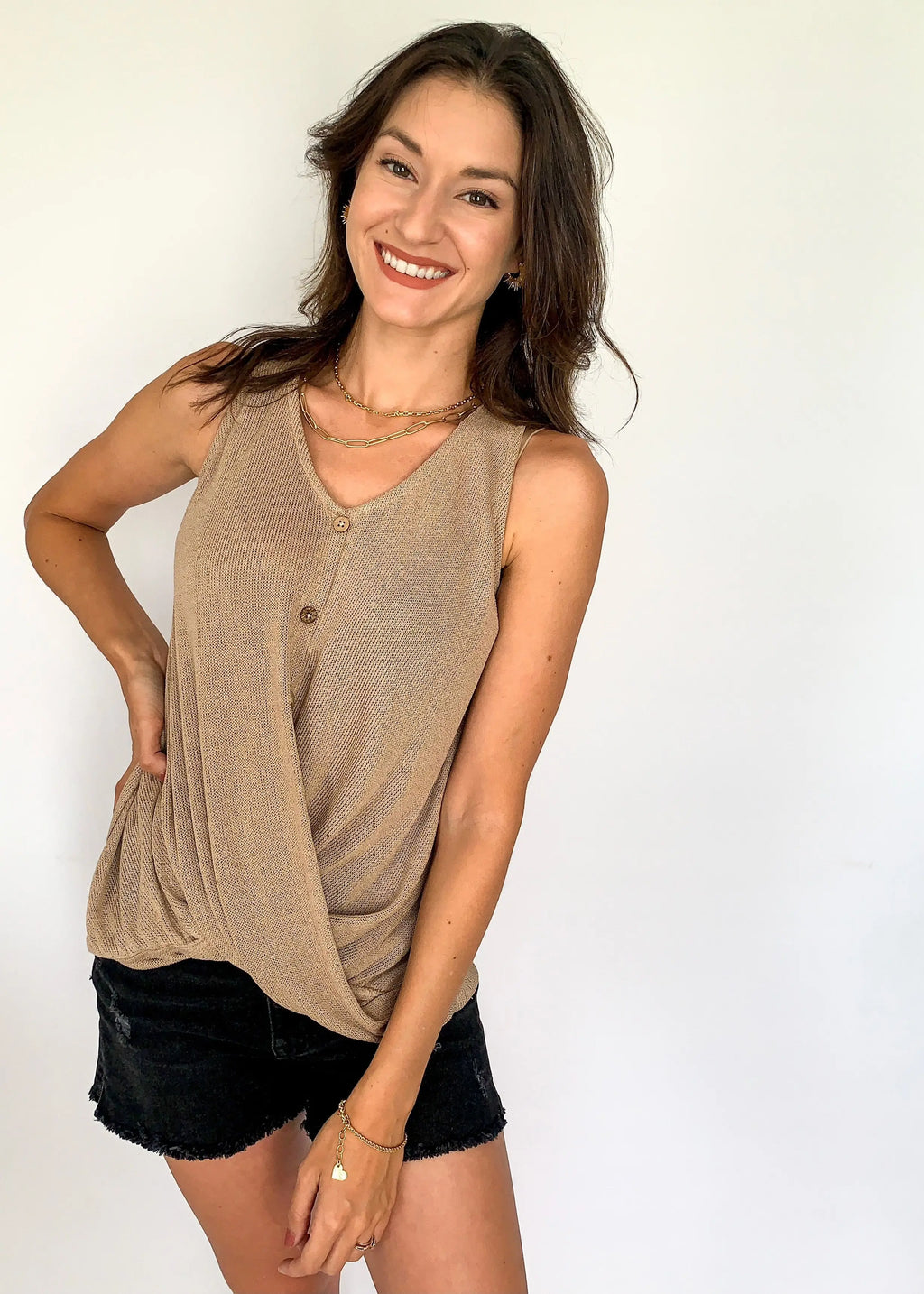 The Tiny Details Mocha Sleeveless Front Twist Knit Top