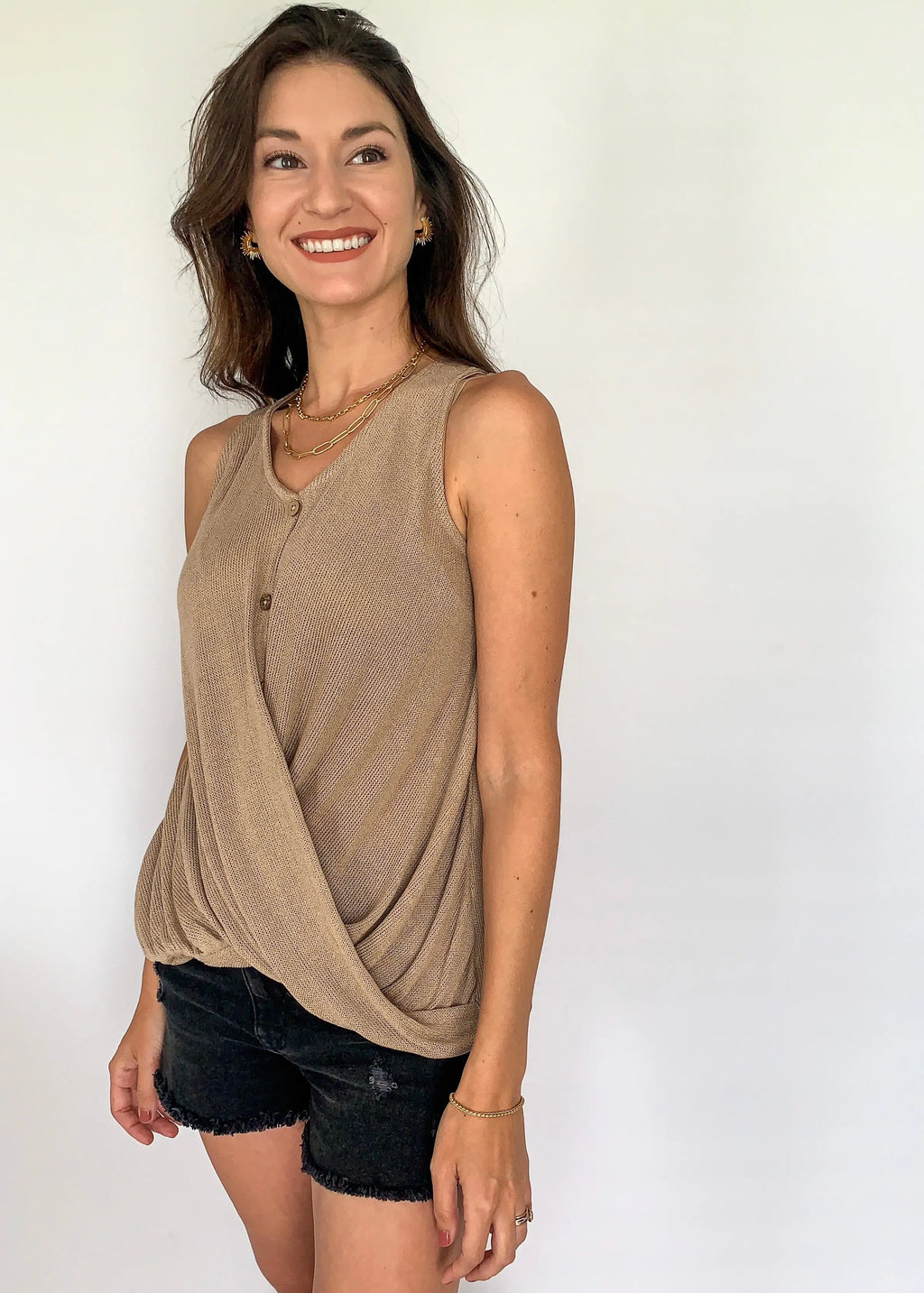 The Tiny Details Mocha Sleeveless Front Twist Knit Top
