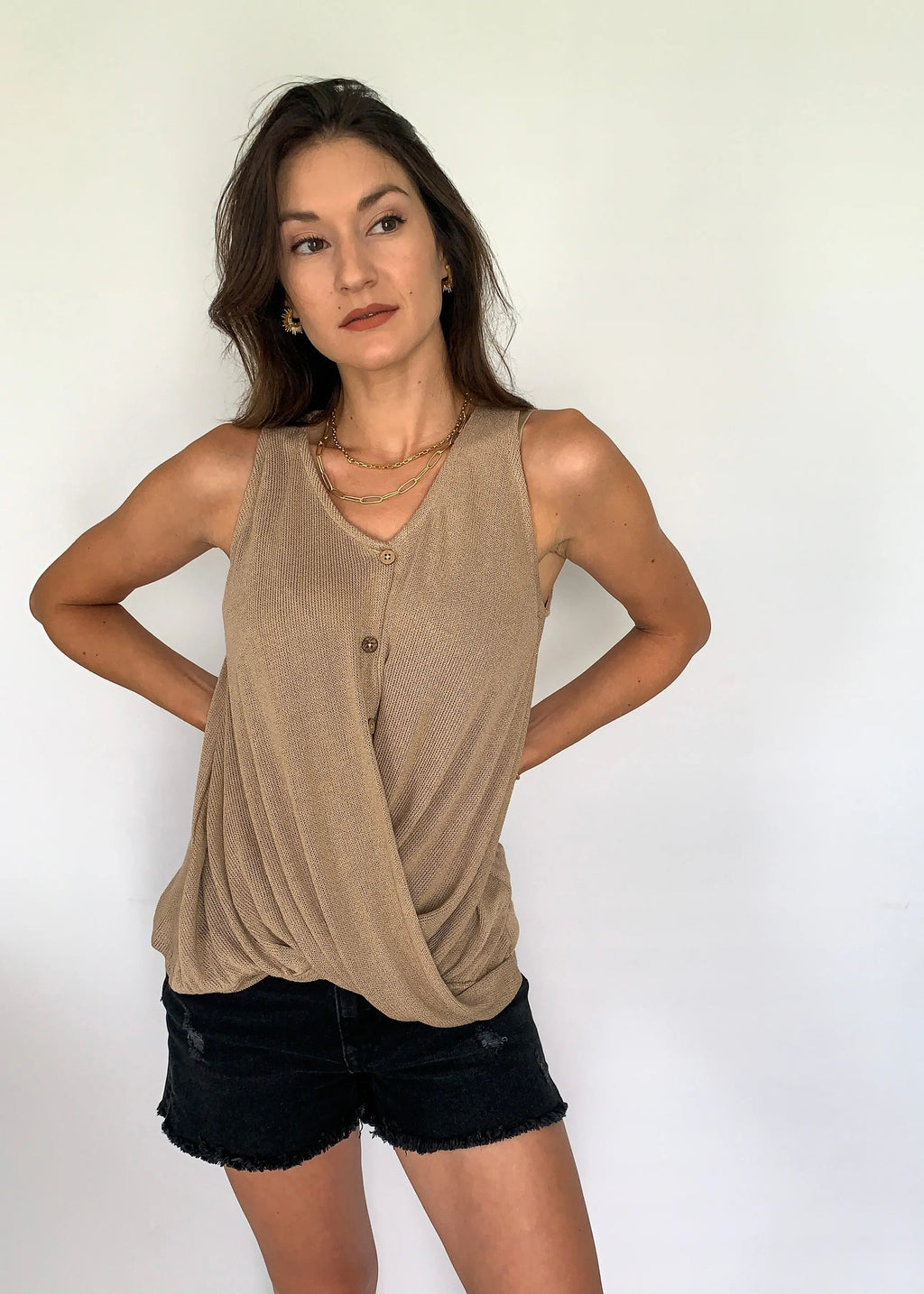 The Tiny Details Mocha Sleeveless Front Twist Knit Top