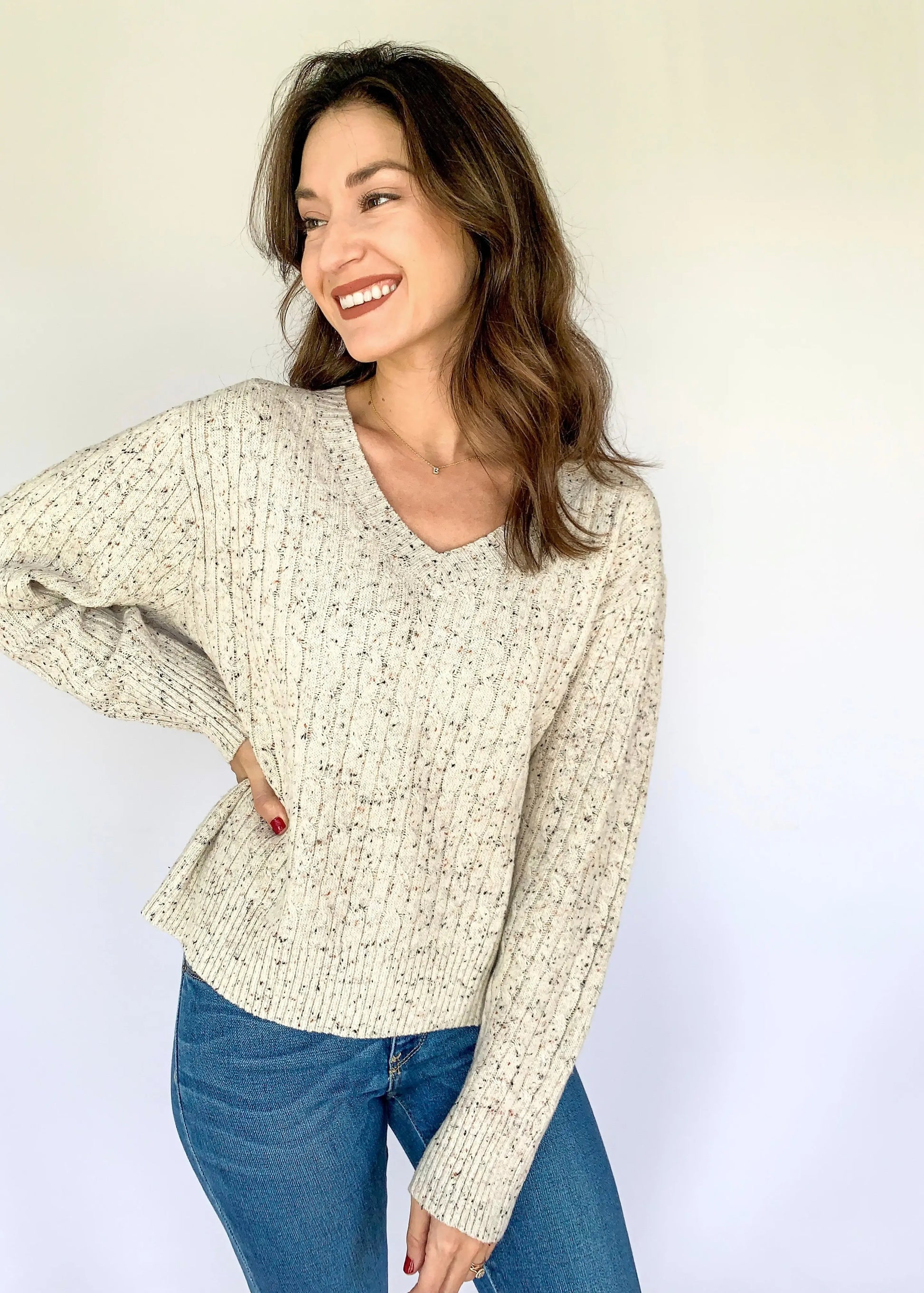 The Tiny Details Oatmeal Confetti Cable Knit Sweater