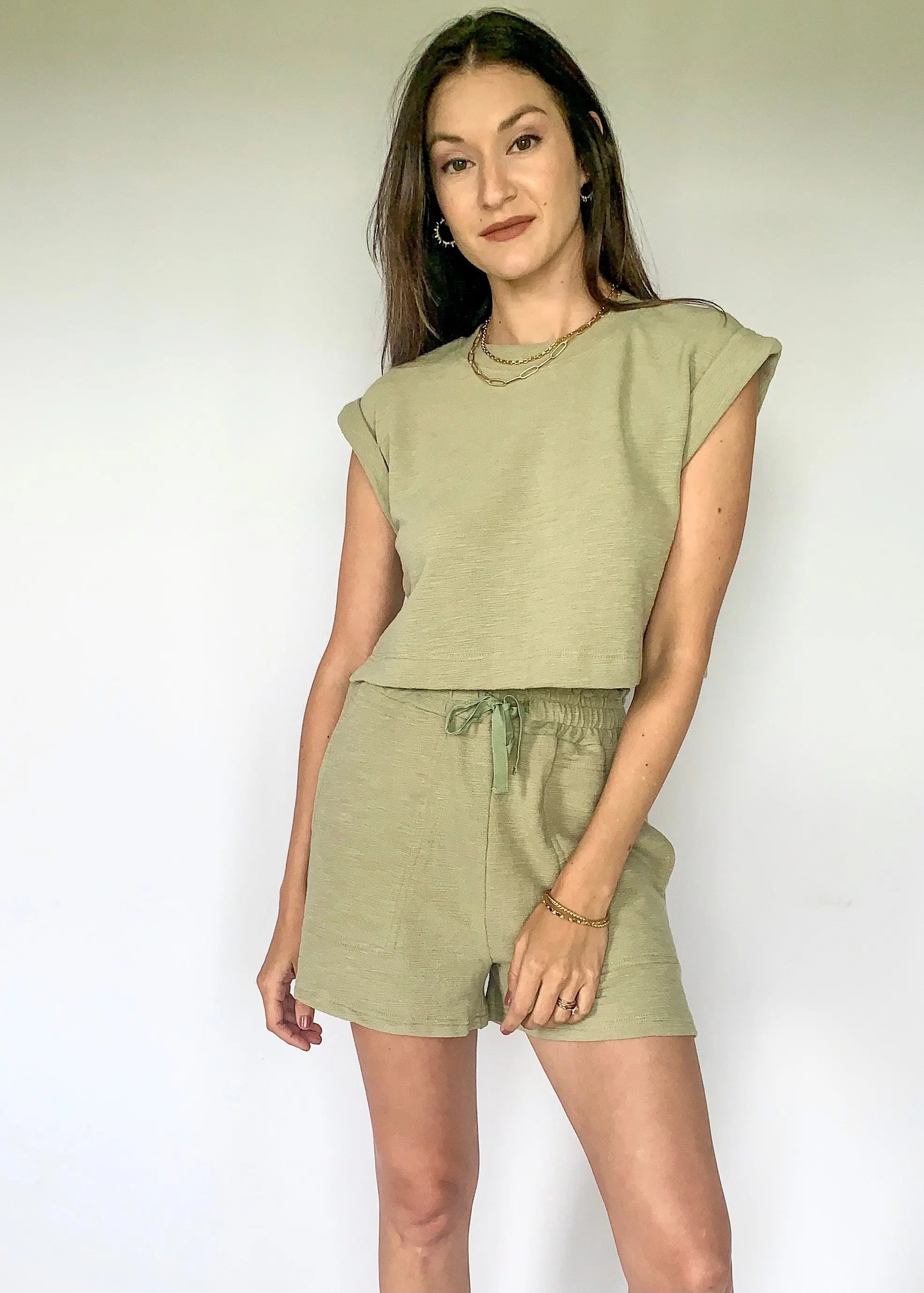 The Tiny Details Olive High Waisted Textured Knit Shorts