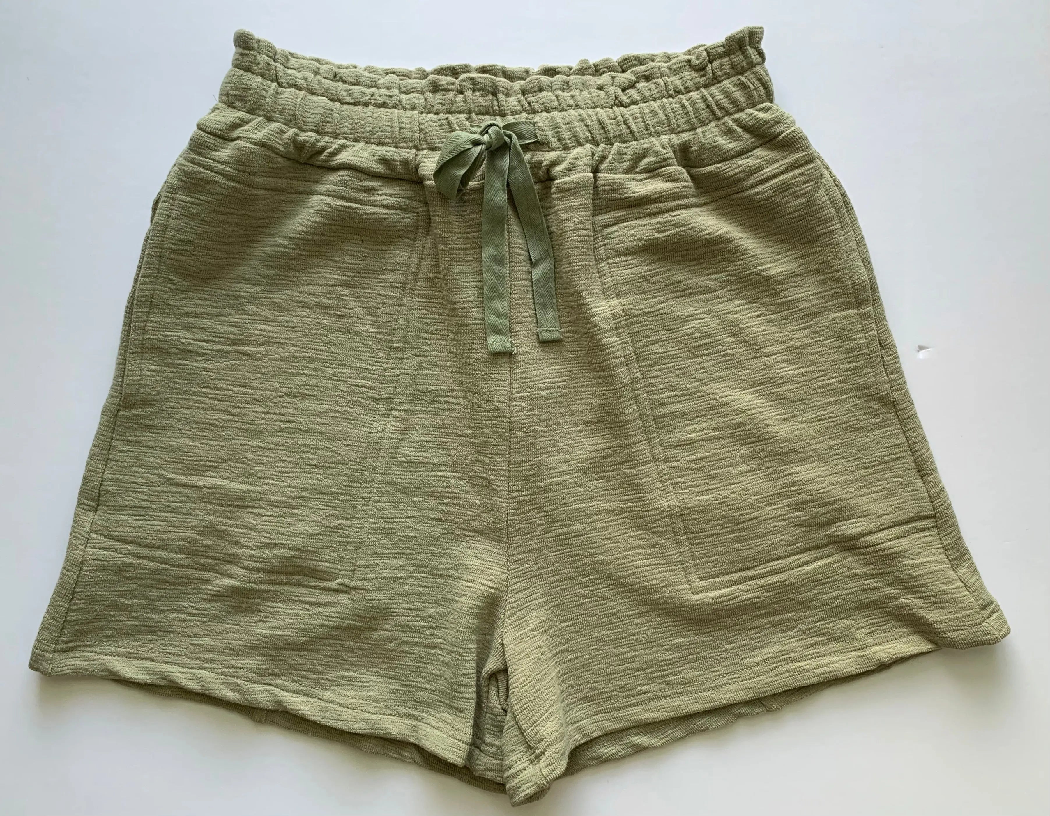 The Tiny Details Olive High Waisted Textured Knit Shorts