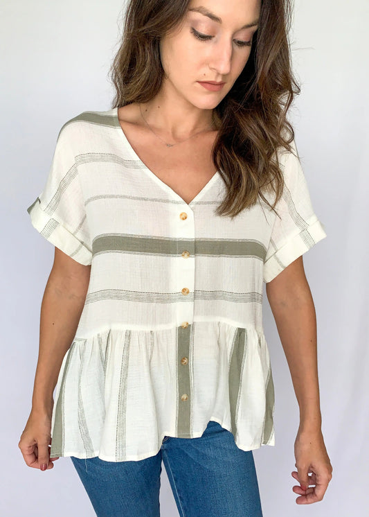 The Tiny Details Olive Striped Button Down Short Sleeve Top