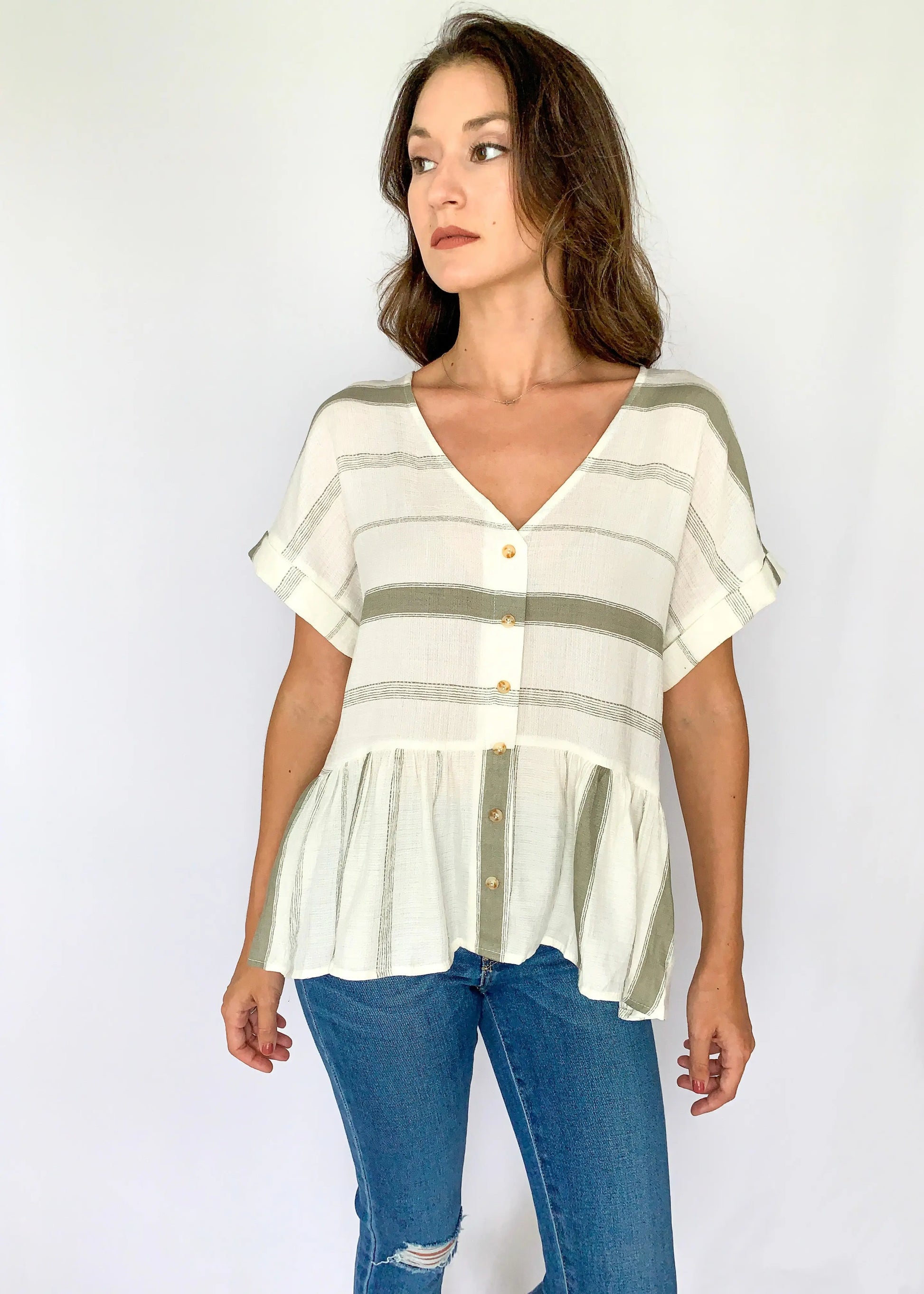 The Tiny Details Olive Striped Button Down Short Sleeve Top