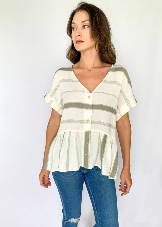 The Tiny Details Olive Striped Button Down Short Sleeve Top