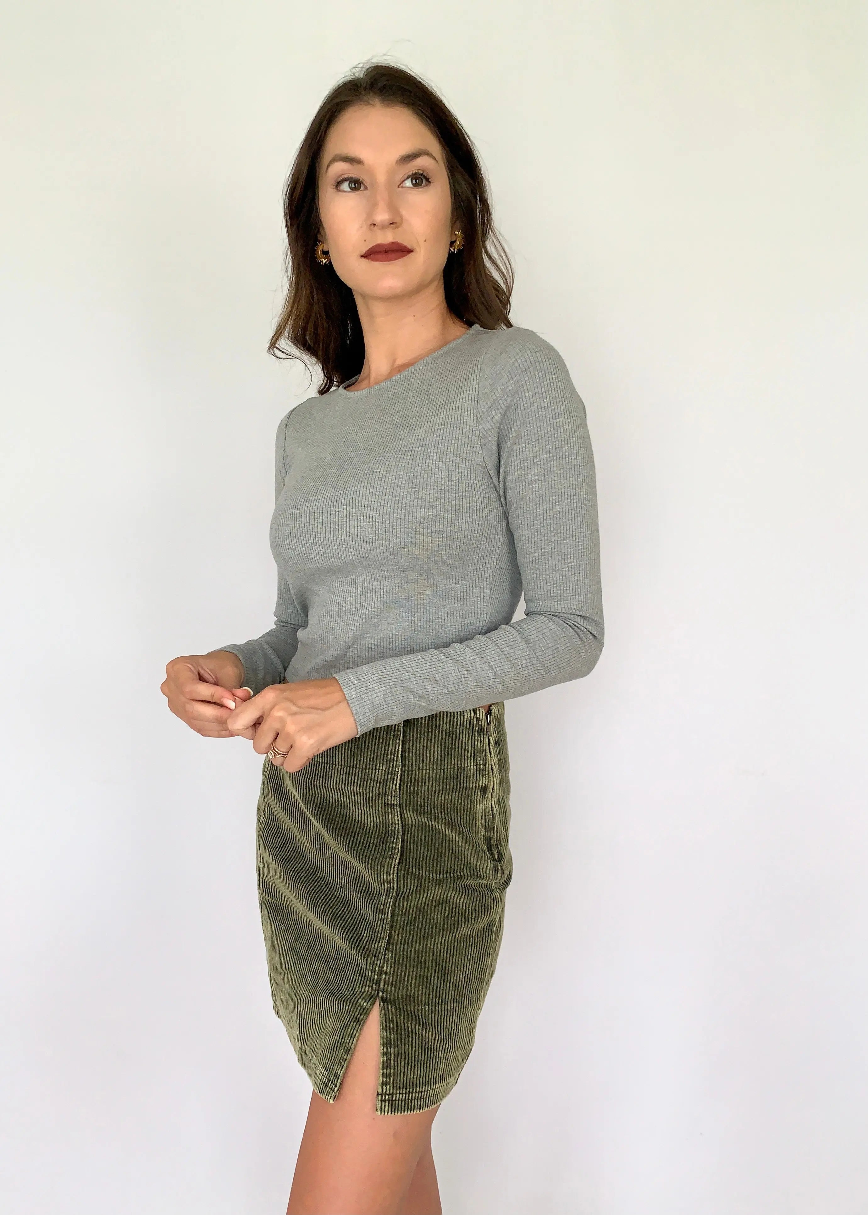 The Tiny Details Olive Washed Corduroy Mini Skirt