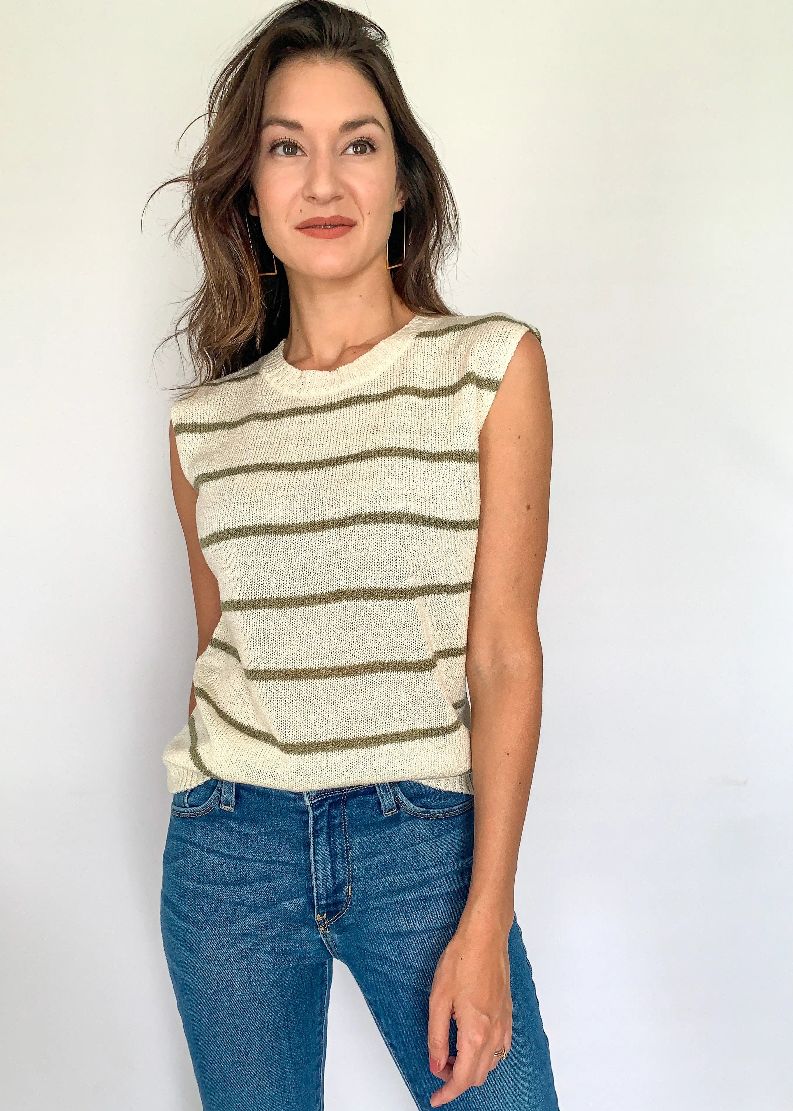 The Tiny Details Olive & Cream Horizontal Stripe Knit Pullover *Size Large*