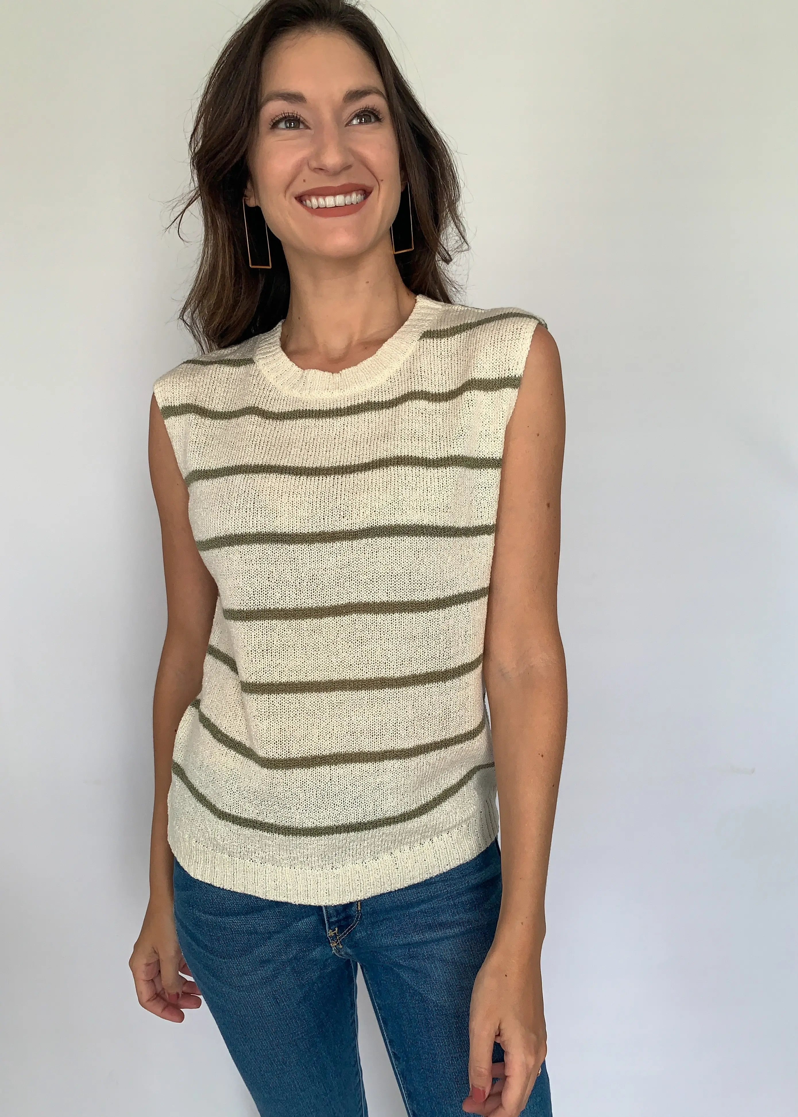 The Tiny Details Olive & Cream Horizontal Stripe Knit Pullover *Size Large*