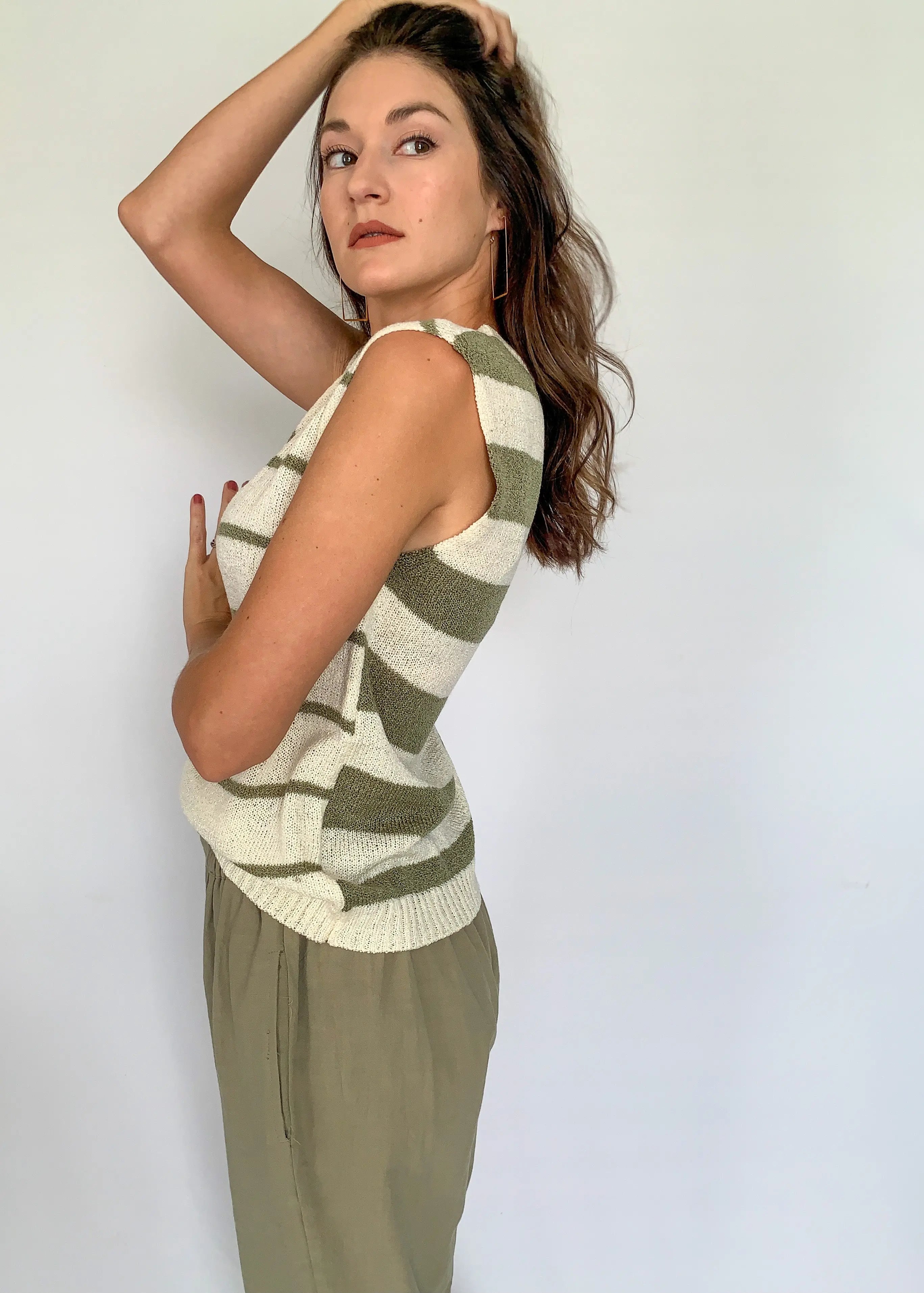 The Tiny Details Olive & Cream Horizontal Stripe Knit Pullover *Size Large*