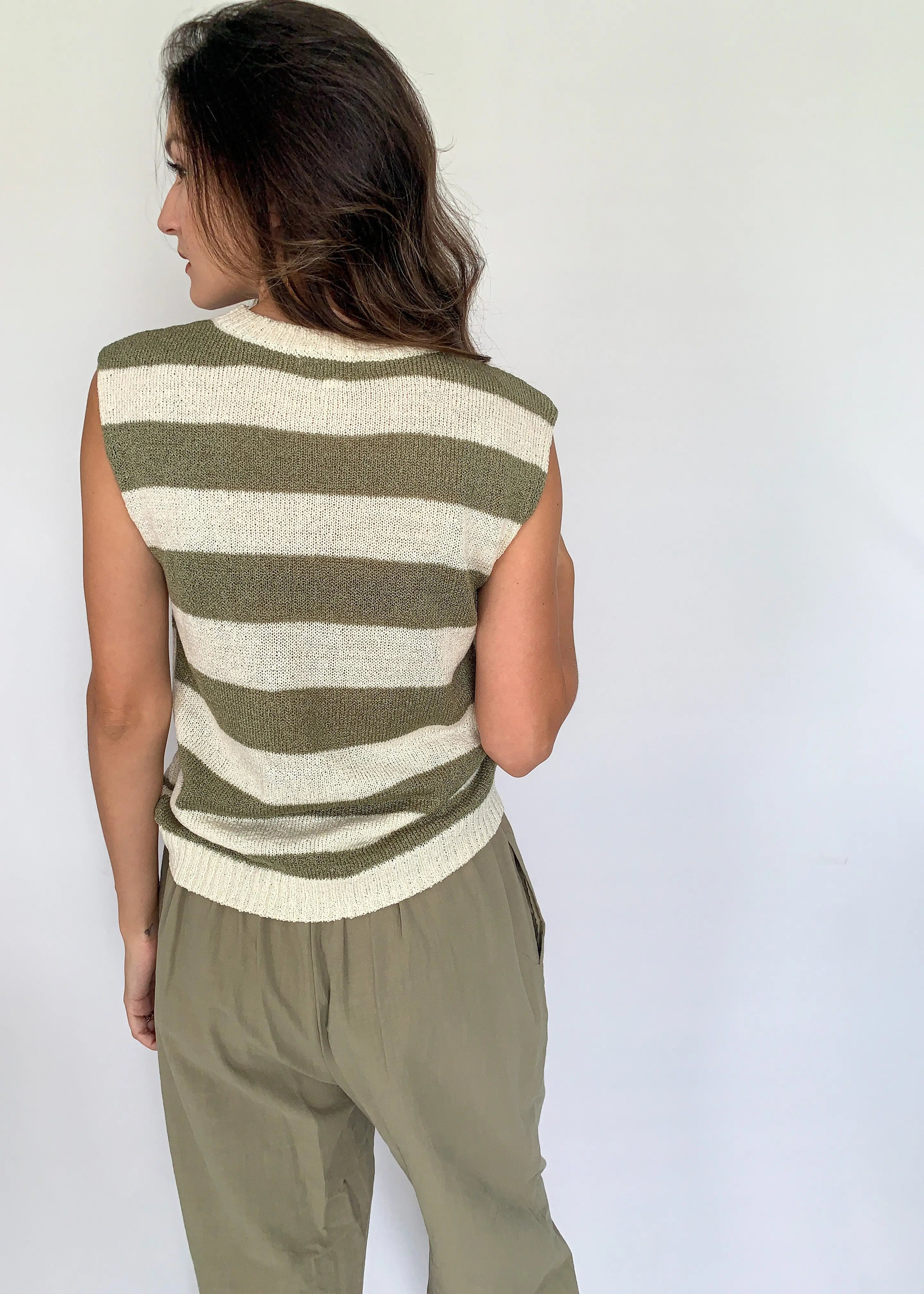 The Tiny Details Olive & Cream Horizontal Stripe Knit Pullover *Size Large*