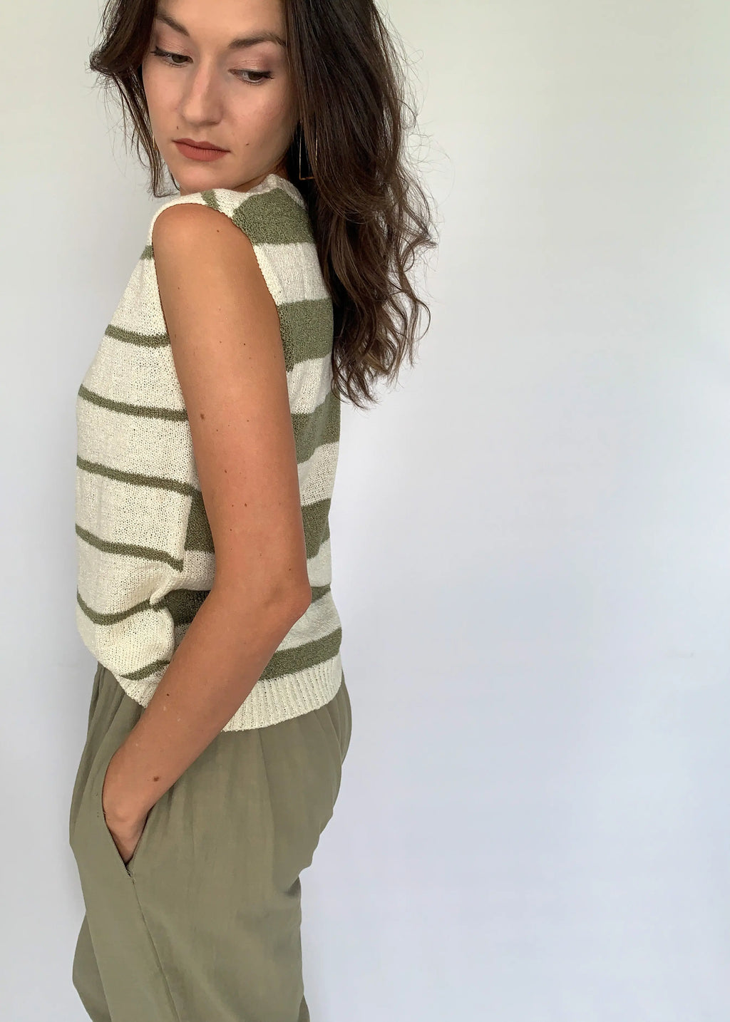 The Tiny Details Olive & Cream Horizontal Stripe Knit Pullover *Size Large*