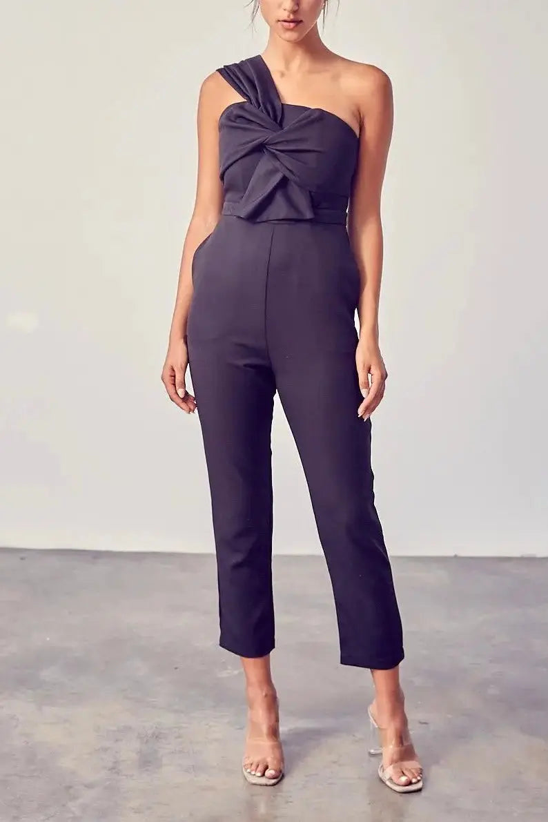 The Tiny Details One Shoulder Front Twist Black Jumpsuit