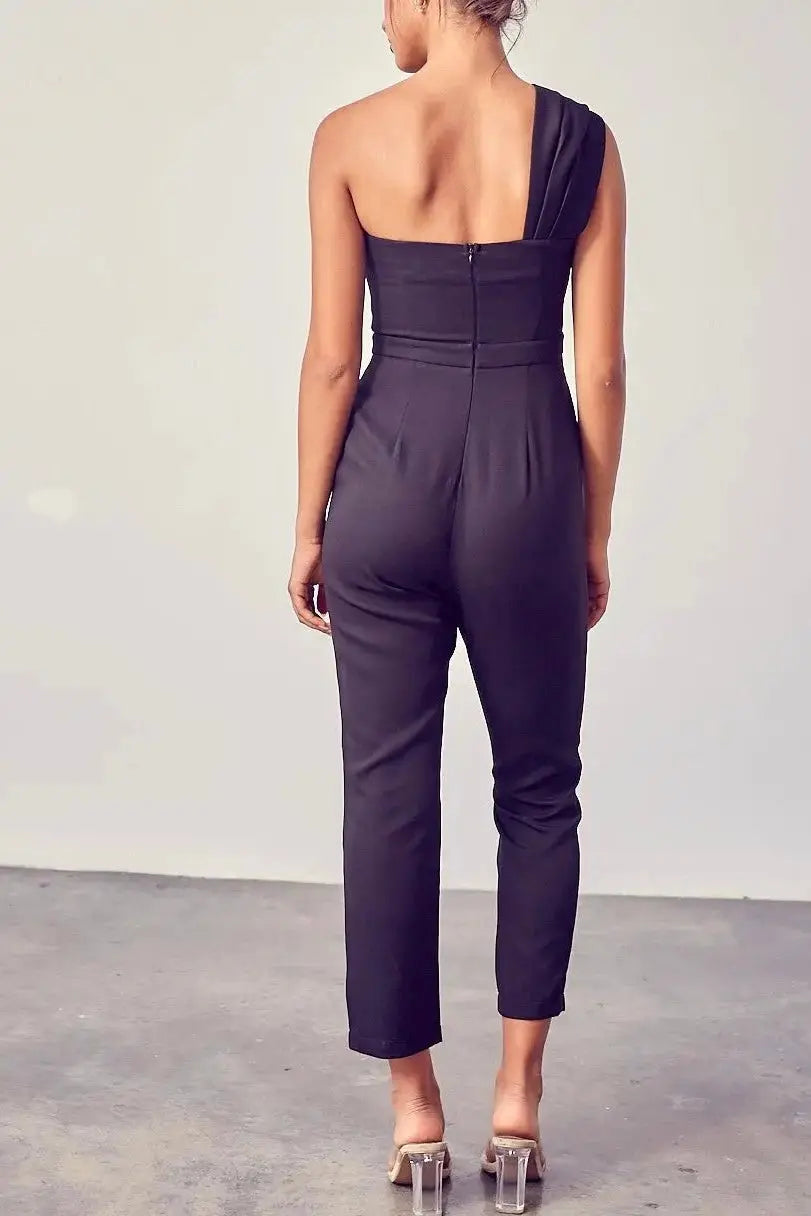 The Tiny Details One Shoulder Front Twist Black Jumpsuit