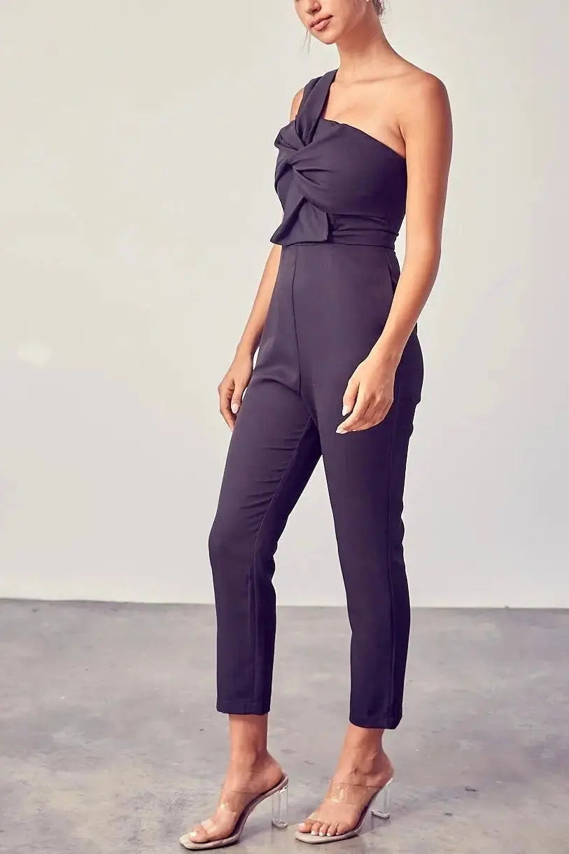 The Tiny Details One Shoulder Front Twist Black Jumpsuit