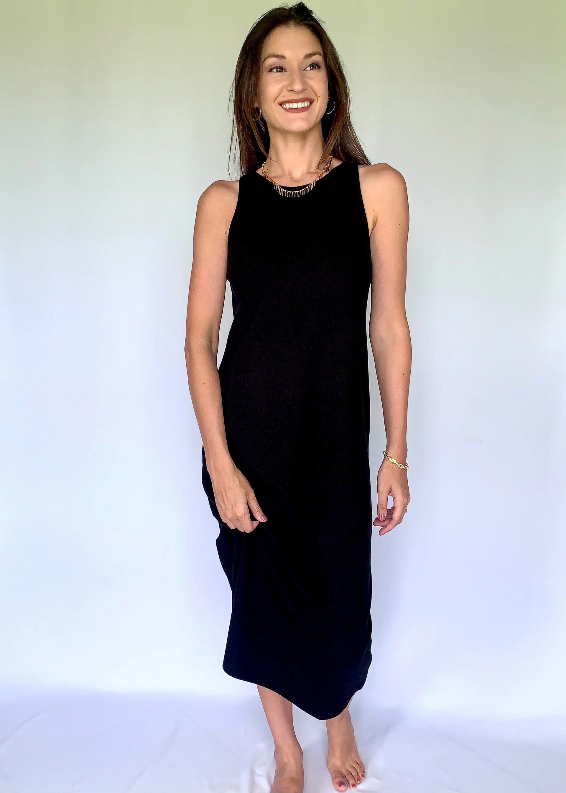 Open Back Black Ribbed Knit Midi Dress