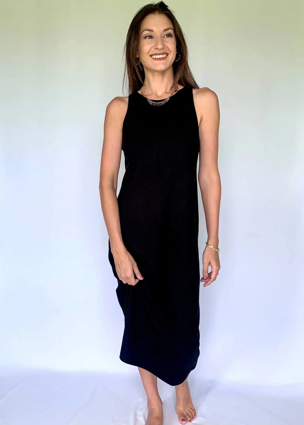 The Tiny Details Open Back Black Ribbed Knit Midi Dress