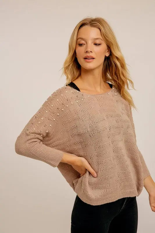 The Tiny Details Pearl Embellished Pointelle Knit Sweater