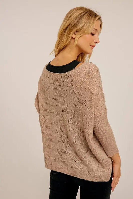 The Tiny Details Pearl Embellished Pointelle Knit Sweater