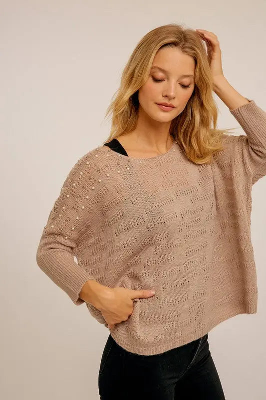 The Tiny Details Pearl Embellished Pointelle Knit Sweater