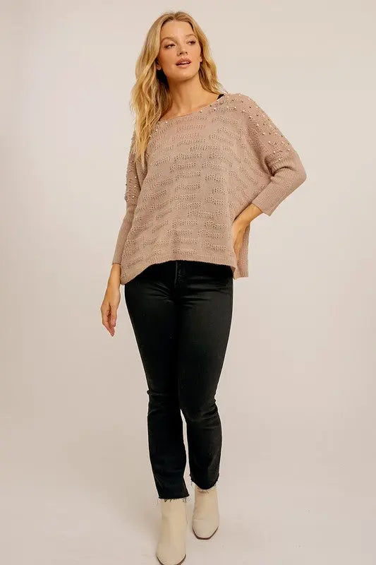 The Tiny Details Pearl Embellished Pointelle Knit Sweater