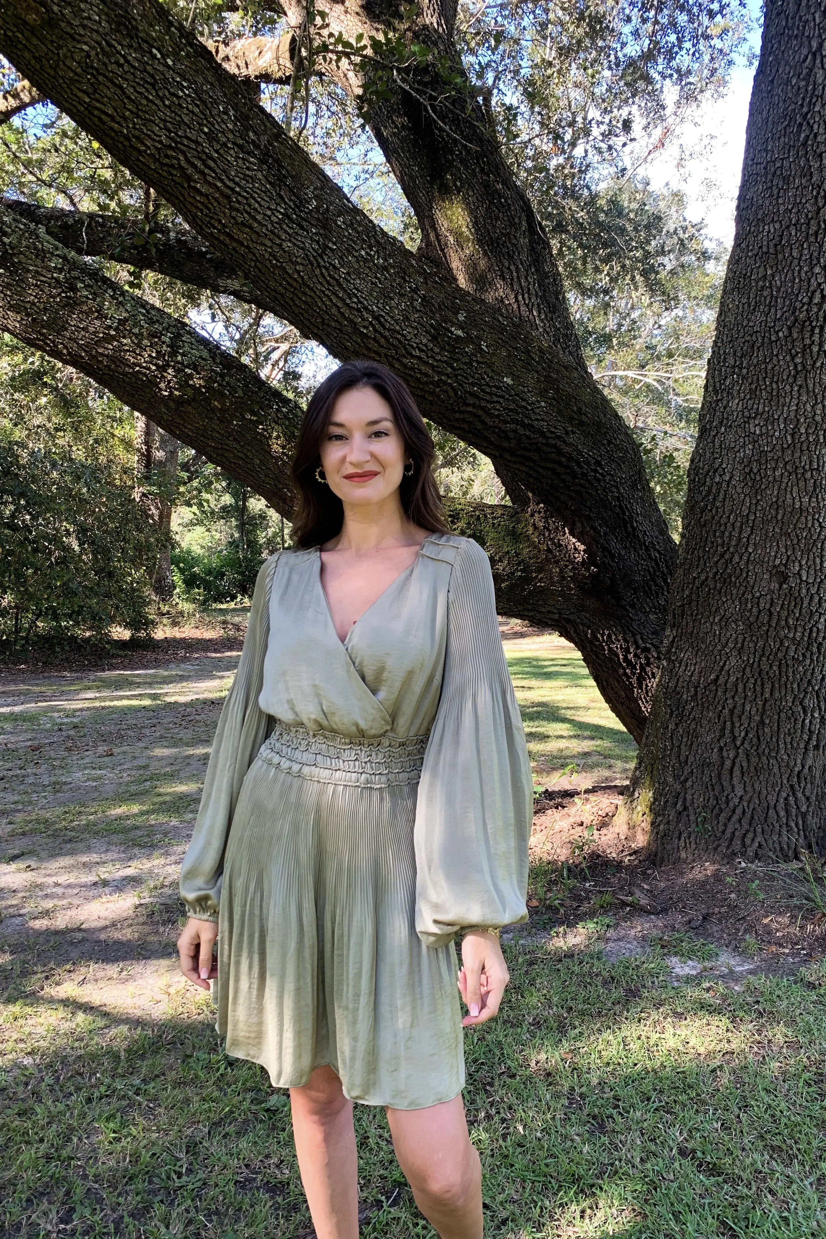 The Tiny Details Pleated Olive Surplice Satin Dress