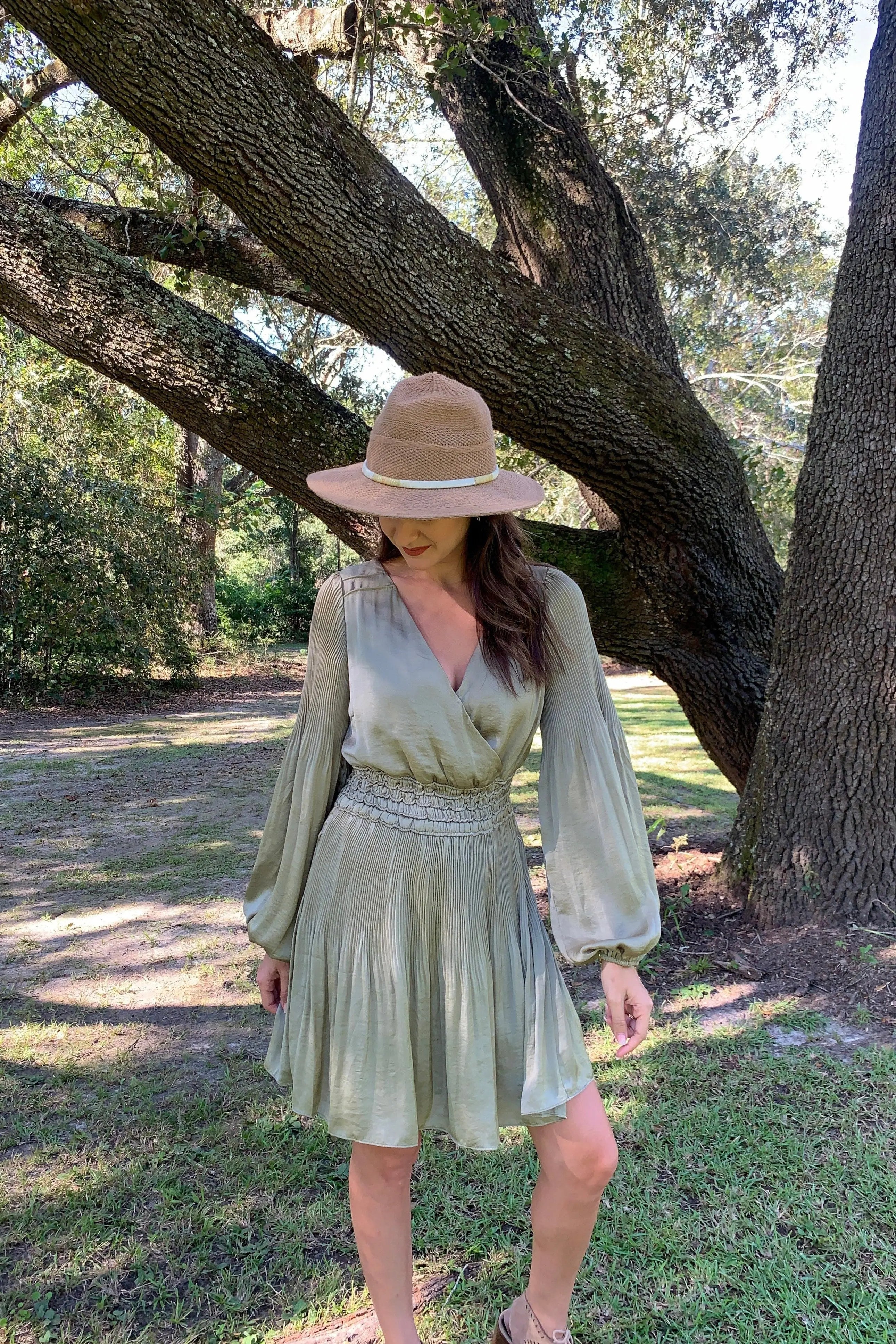 The Tiny Details Pleated Olive Surplice Satin Dress