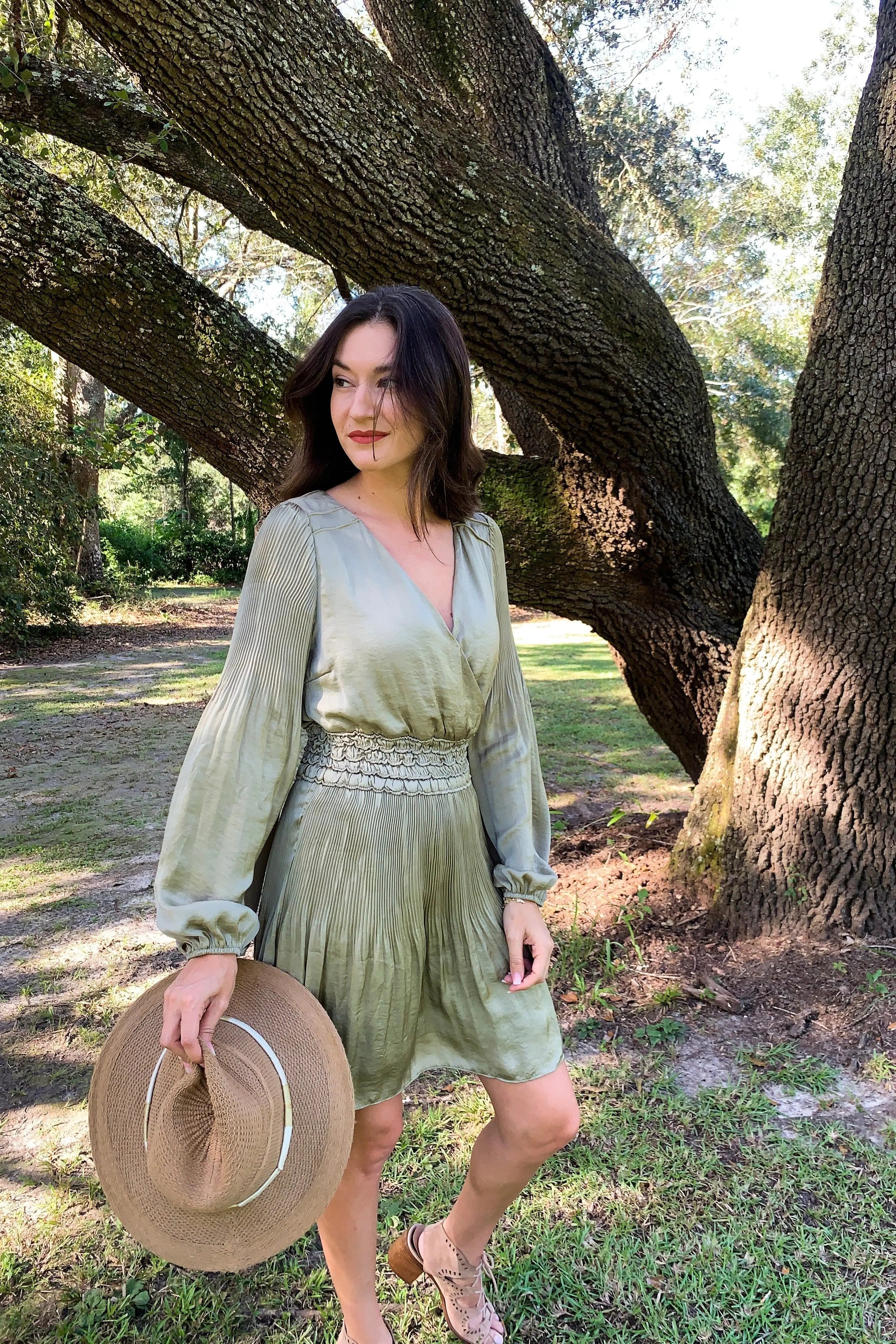 The Tiny Details Pleated Olive Surplice Satin Dress
