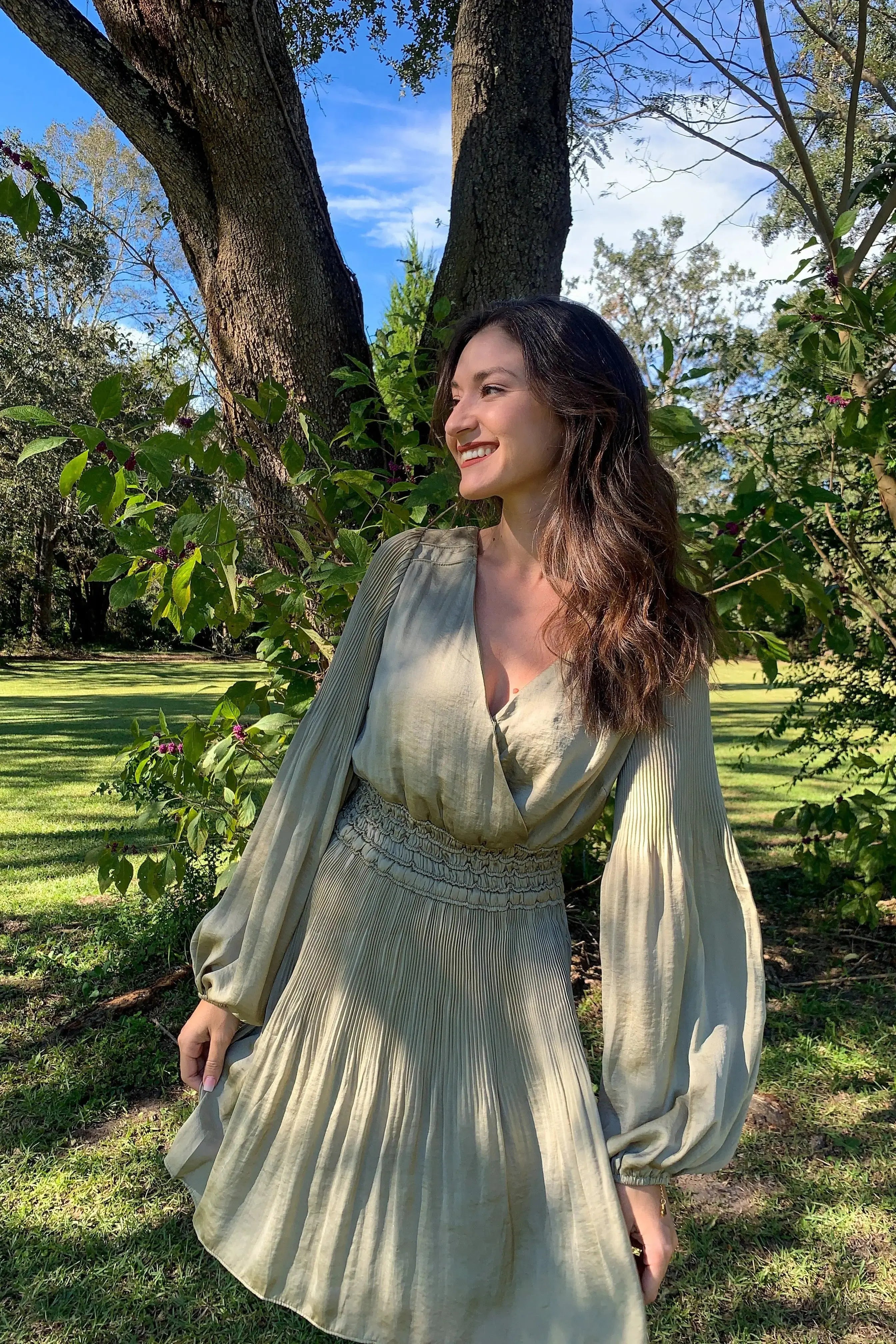 The Tiny Details Pleated Olive Surplice Satin Dress