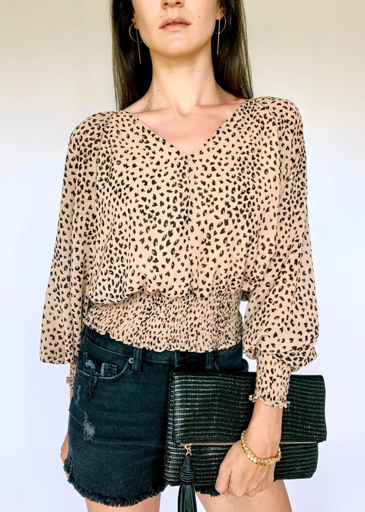 The Tiny Details Printed Long Dolman Sleeve Smocked Waist Top