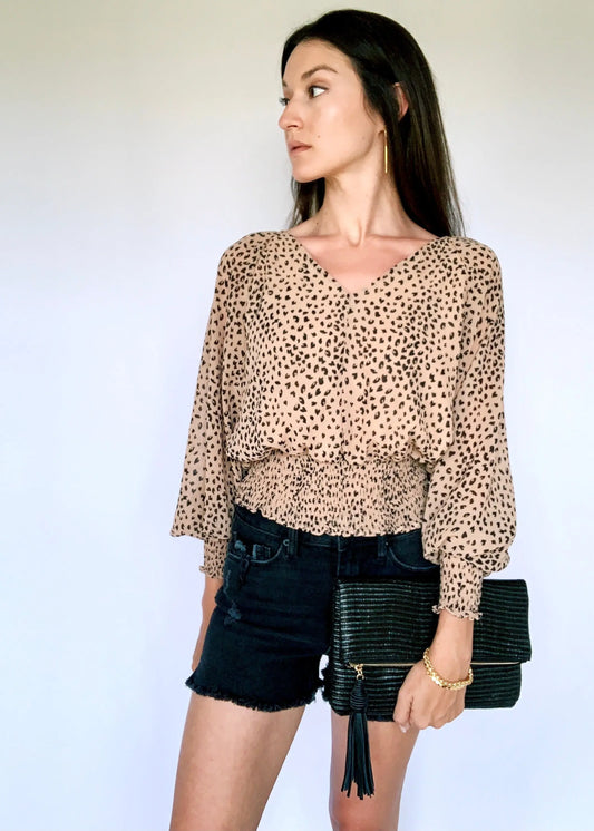 The Tiny Details Printed Long Dolman Sleeve Smocked Waist Top