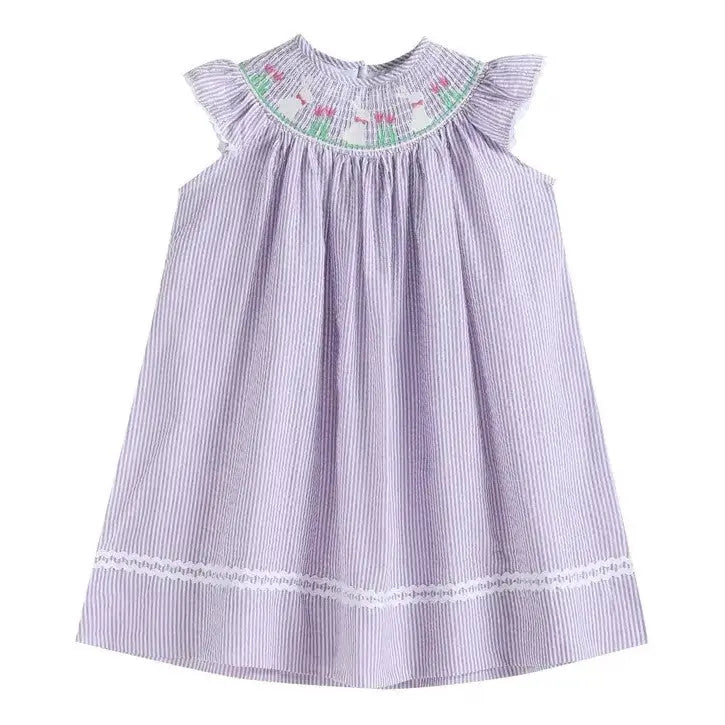 The Tiny Details Purple Seersucker Easter Bunny Smocked Bishop Dress