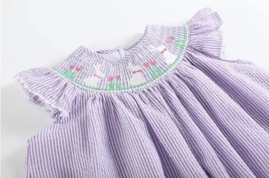The Tiny Details Purple Seersucker Easter Bunny Smocked Bishop Dress