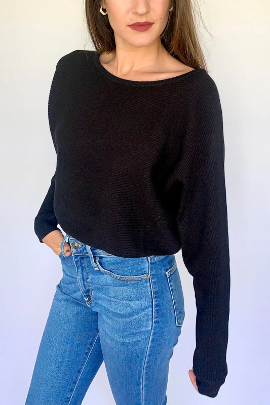 The Tiny Details Rib Knit OTS Dolman Black Sweater