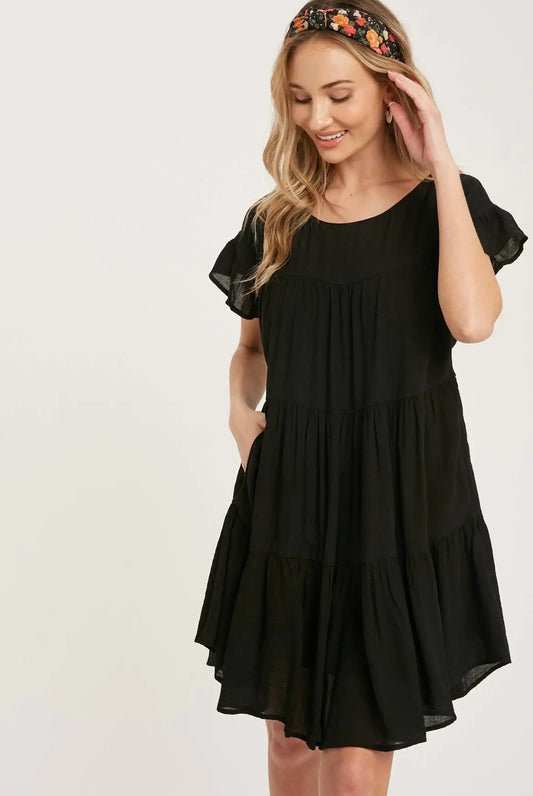 The Tiny Details Ruffle Hem Tiered Black Baby-Doll Dress