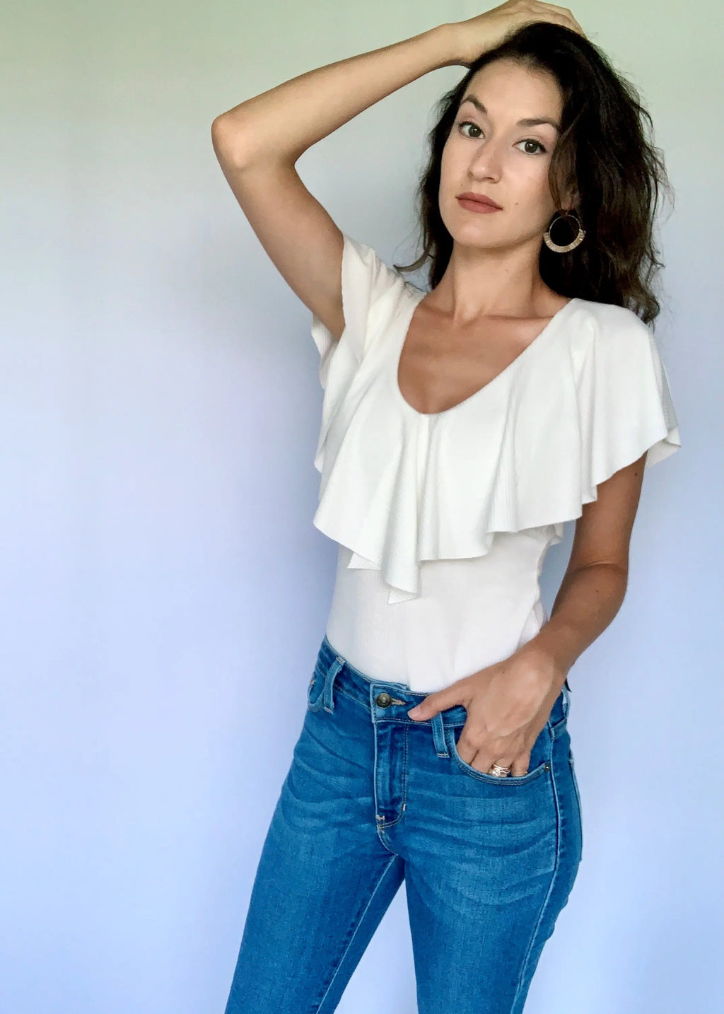 The Tiny Details Ruffle Ivory Ribbed Bodysuit